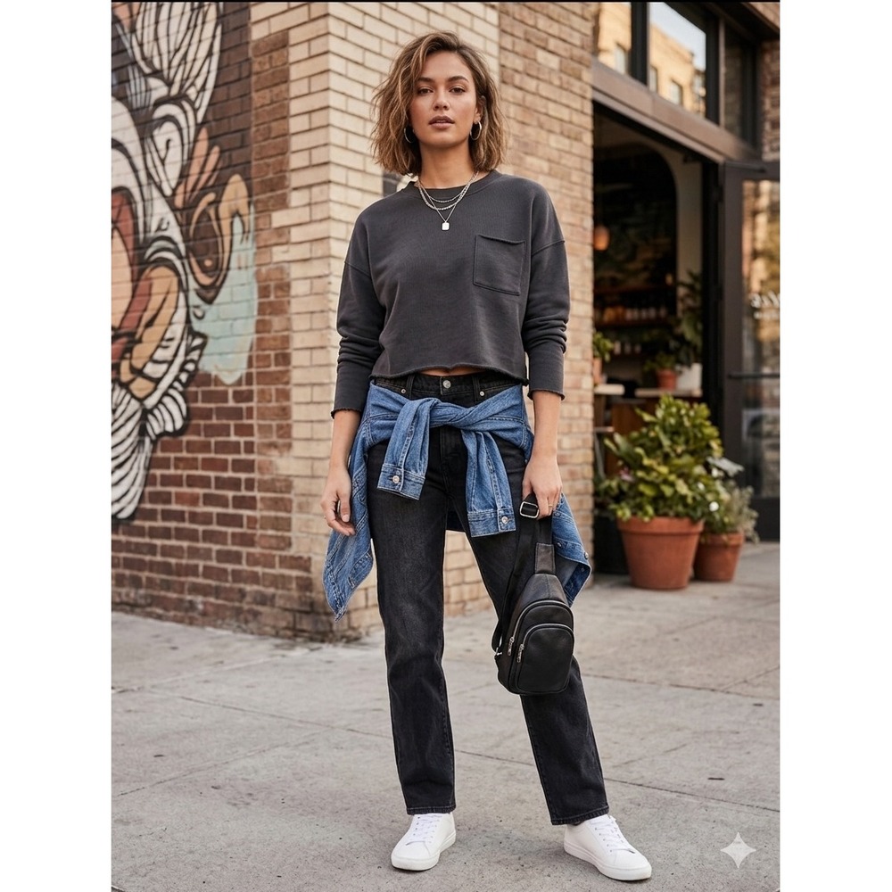 Aerie Charcoal Gray Cropped Pocket Sweatshirt Raw Hem Small Pullover‎